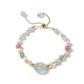 Korean Style Aquamarine Crystal and Freshwater Pearl Bracelet with Sterling Silver Clasp