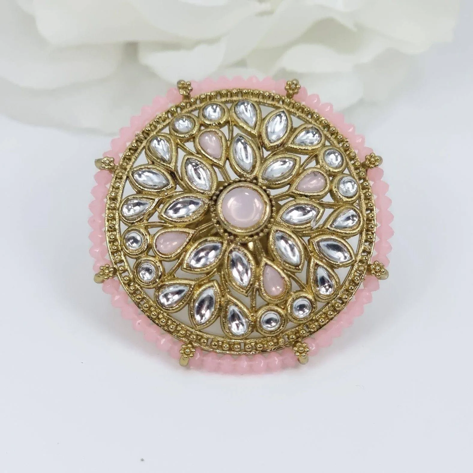 Kundan Mandala Statement Ring - Pink