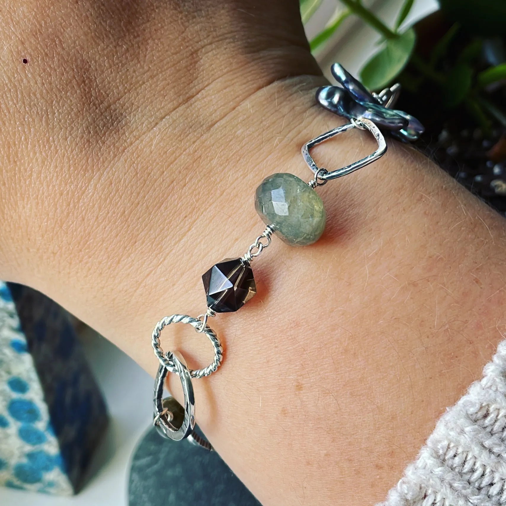 Labradorite, Smoky Quartz, Pearl, Hematite and Sterling Silver Bracelet