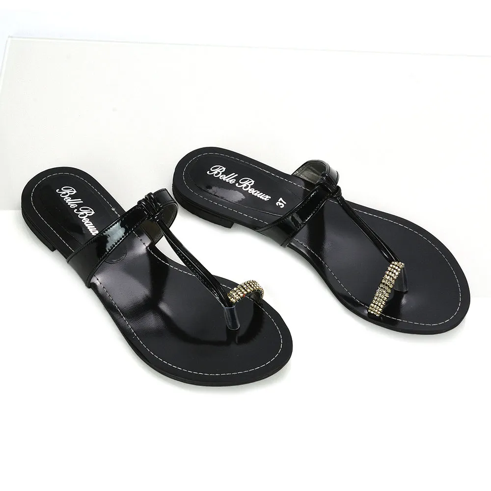 Lala Flat Strappy Diamante Detail Toe Ring Slider Summer Sandals in Black Patent