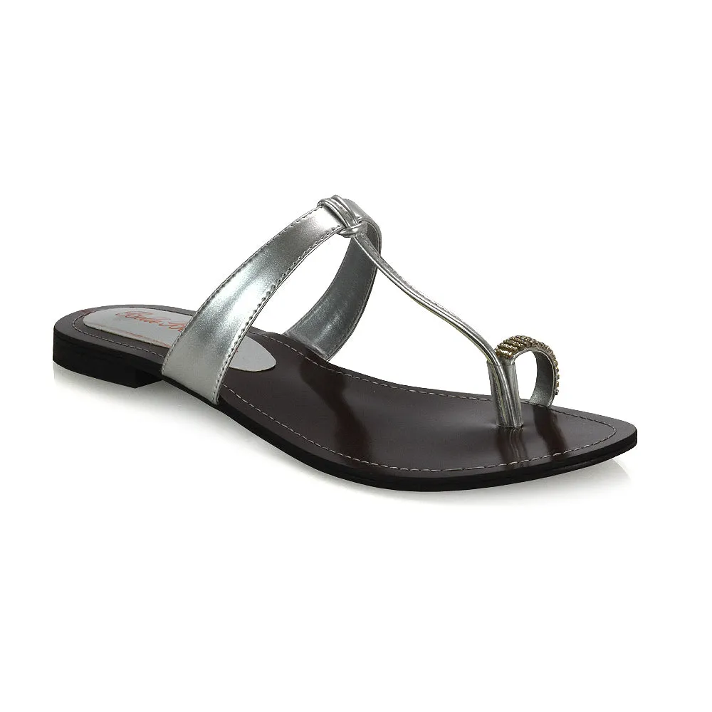 Lala Flat Strappy Diamante Detail Toe Ring Slider Summer Sandals in Black Patent