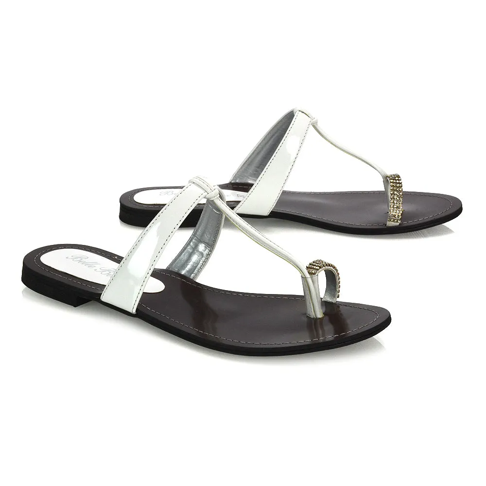 Lala Flat Strappy Diamante Detail Toe Ring Slider Summer Sandals in Black Patent