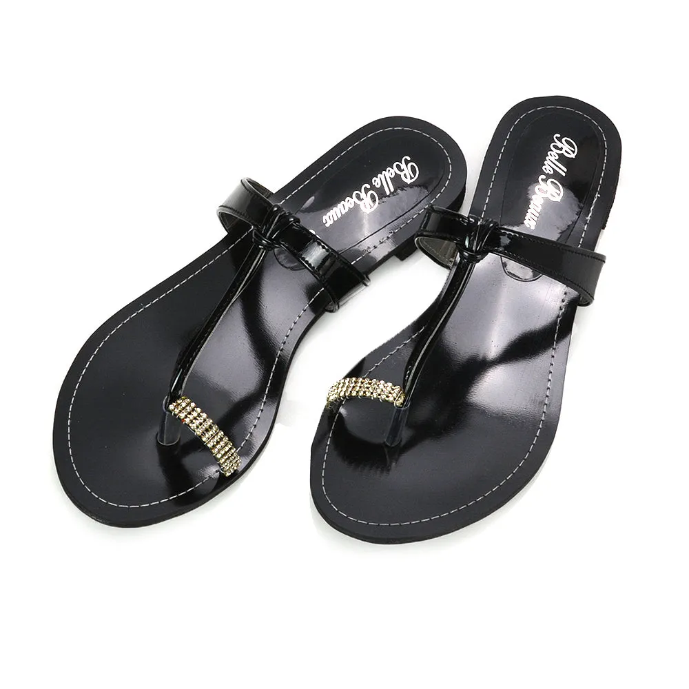 Lala Flat Strappy Diamante Detail Toe Ring Slider Summer Sandals in Black Patent