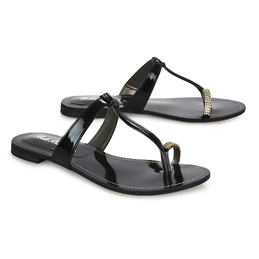 Lala Flat Strappy Diamante Detail Toe Ring Slider Summer Sandals in Black Patent