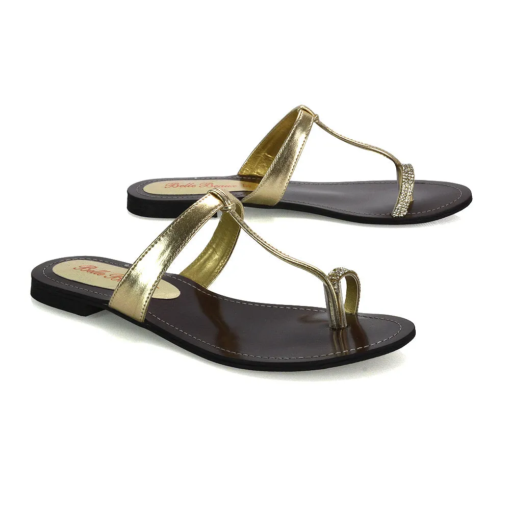 Lala Flat Strappy Diamante Detail Toe Ring Slider Summer Sandals in Black Patent