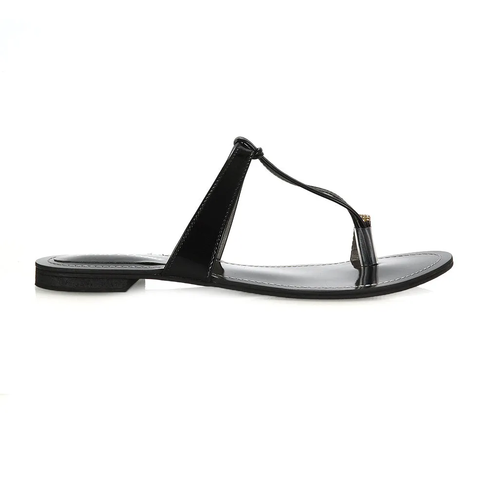 Lala Flat Strappy Diamante Detail Toe Ring Slider Summer Sandals in Black Patent