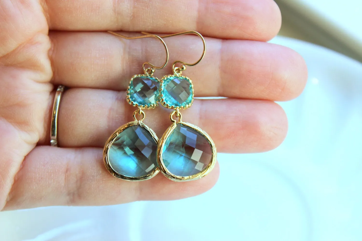 Large Gold Aquamarine Earrings Aqua Blue Jewelry - Aquamarine Bridesmaid Earrings Blue Wedding Earrings Something Blue Jewelry - Turquoise