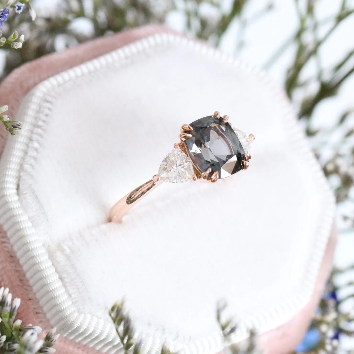 Large Grey Spinel Engagement Ring in 14k Rose Gold 3 Stone Ring, Size 6.25