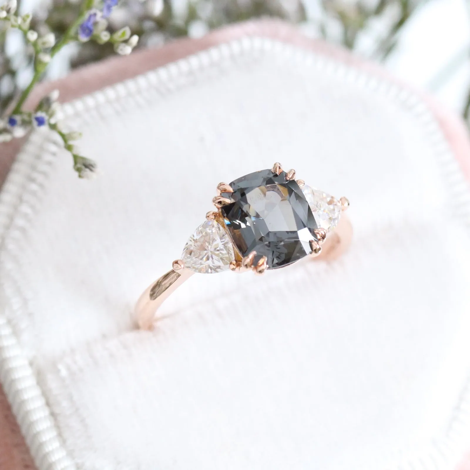 Large Grey Spinel Engagement Ring in 14k Rose Gold 3 Stone Ring, Size 6.25