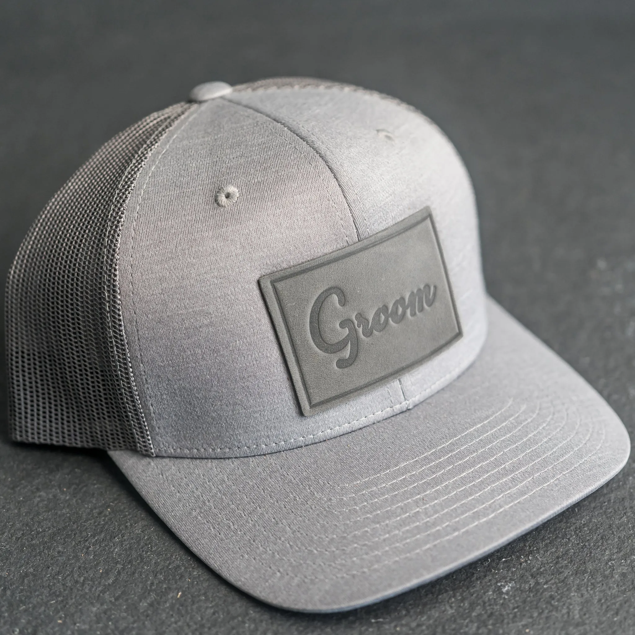 Leather Patch Performance Style Trucker Hat - Bride and Groom Stamp (cursive)