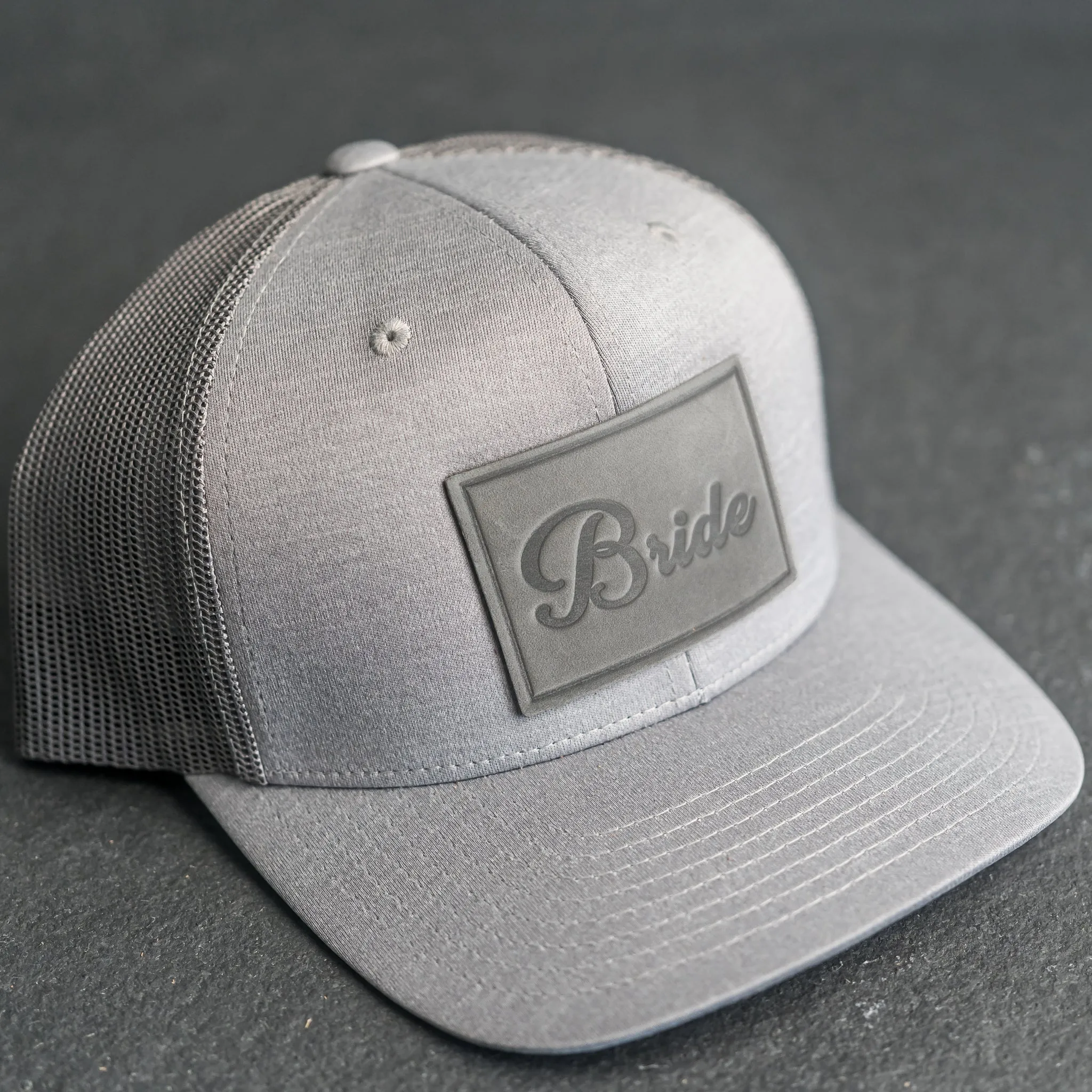 Leather Patch Performance Style Trucker Hat - Bride and Groom Stamp (cursive)