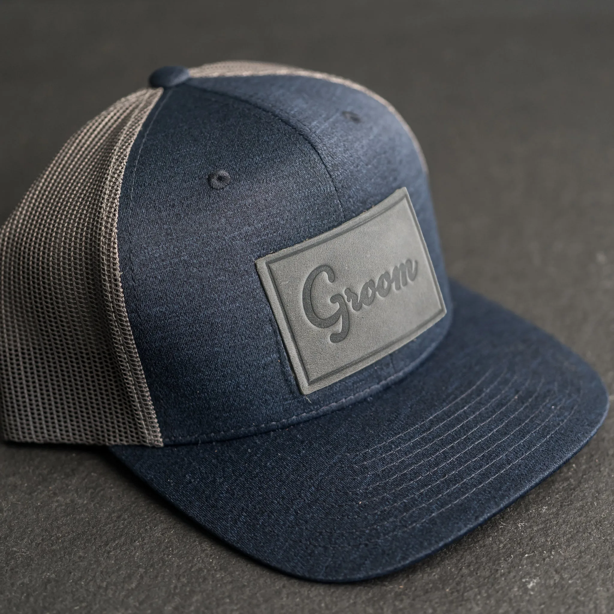 Leather Patch Performance Style Trucker Hat - Bride and Groom Stamp (cursive)