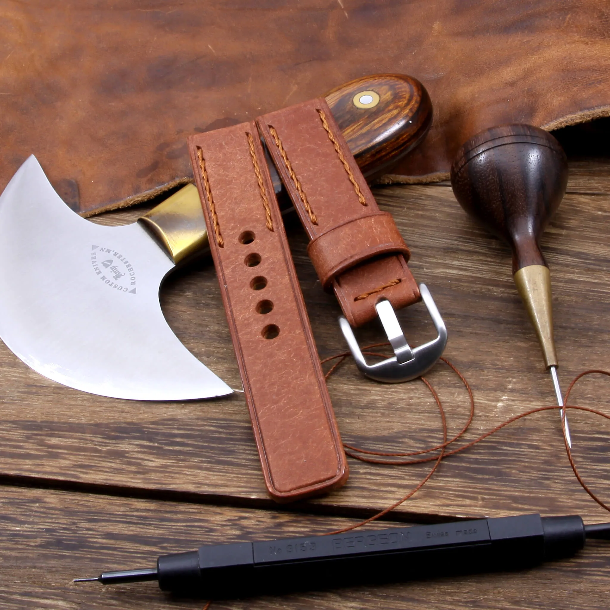 Leather Watch Strap, Rustic Russet | Chain Stitch