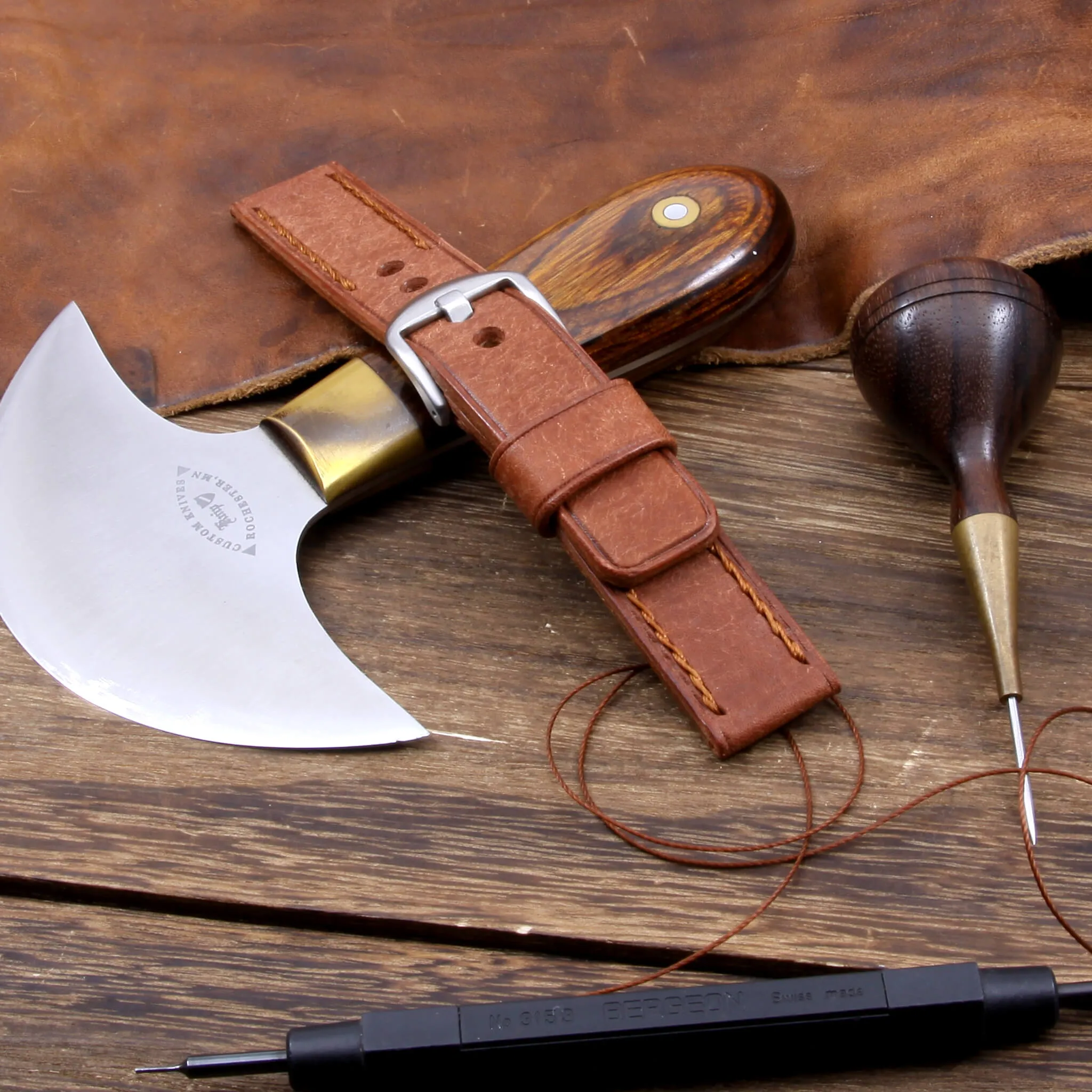 Leather Watch Strap, Rustic Russet | Chain Stitch