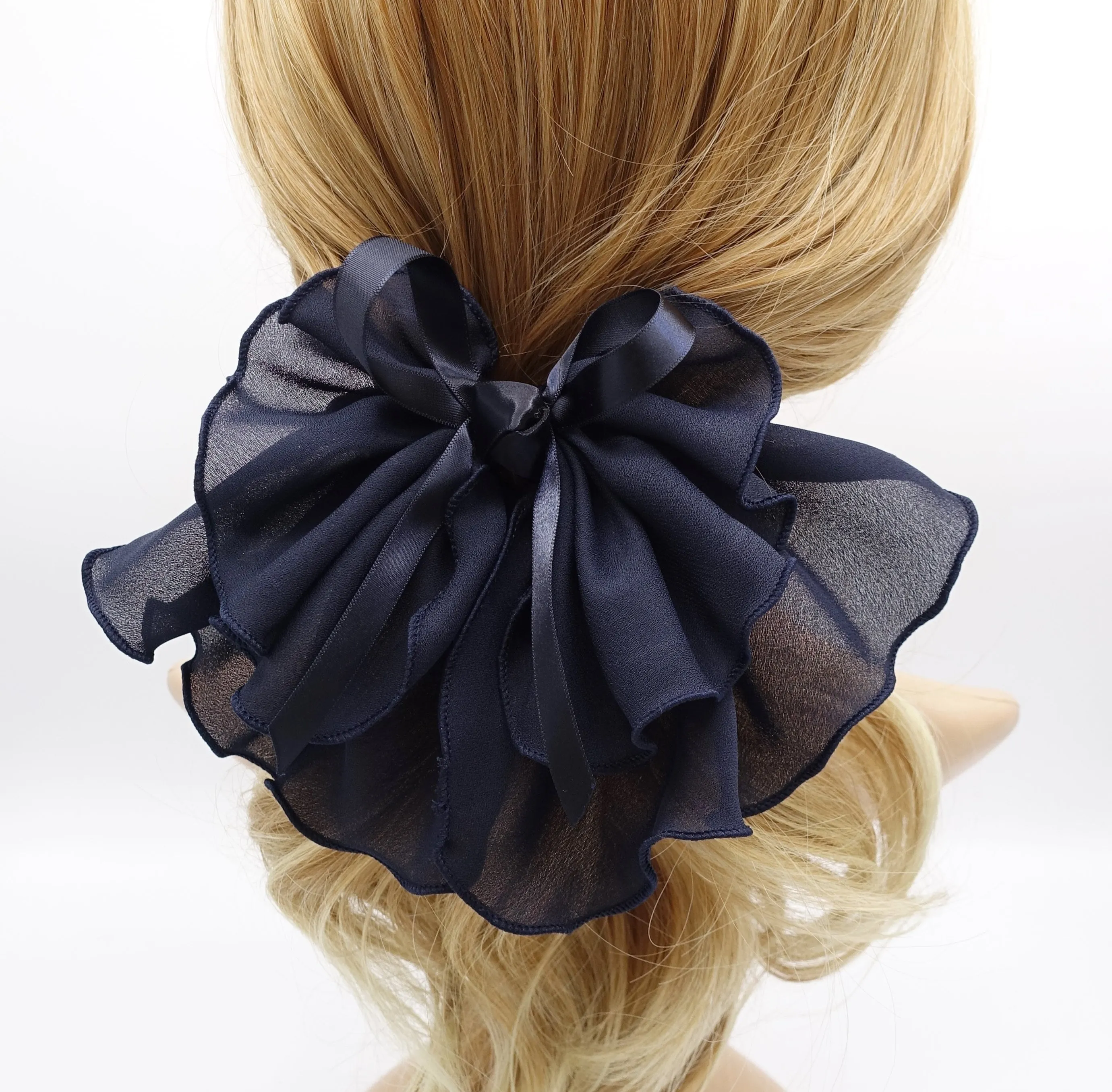 lettuce hem hair bow, chiffon hair bow, satin strap hair bow for women