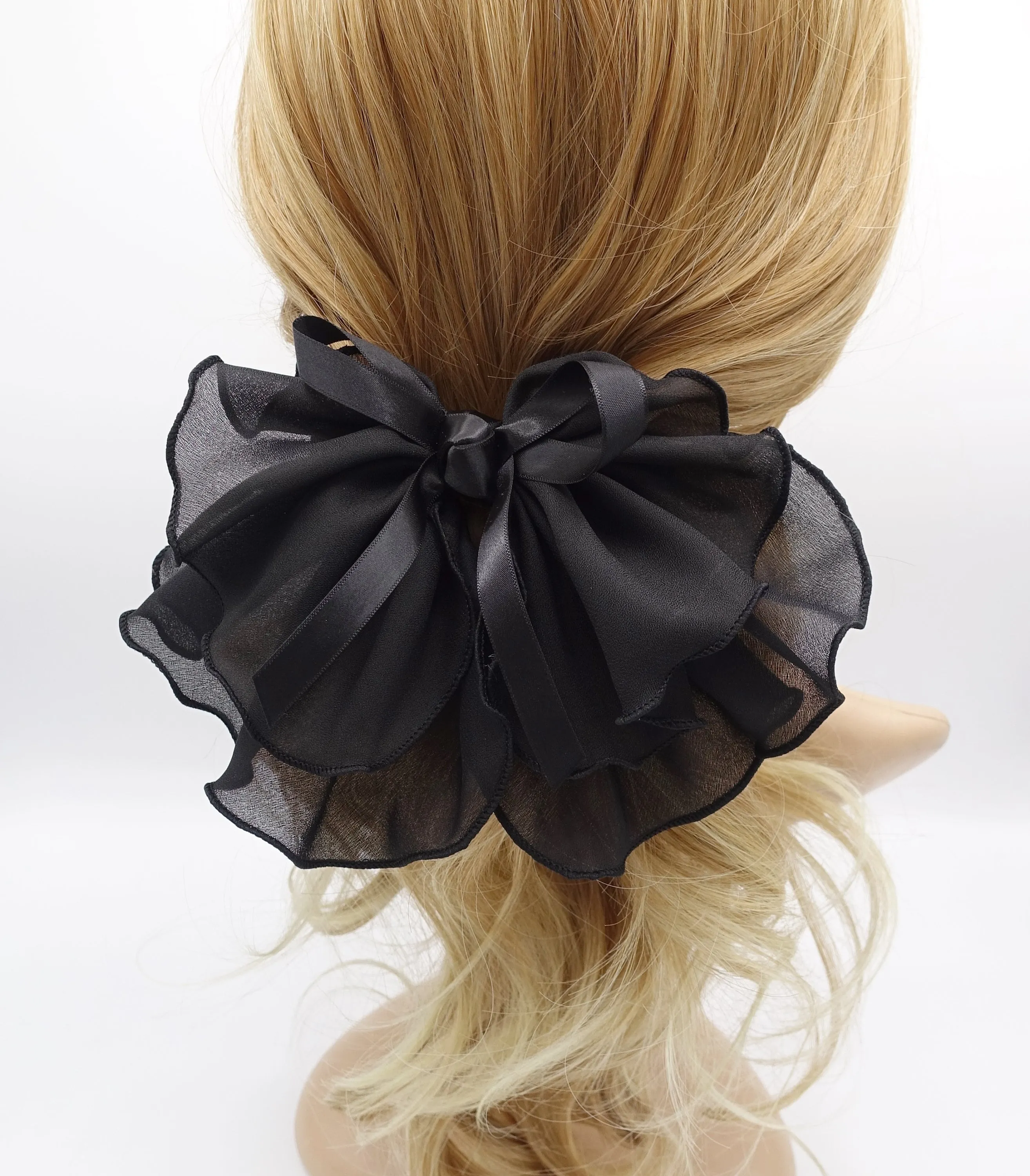 lettuce hem hair bow, chiffon hair bow, satin strap hair bow for women