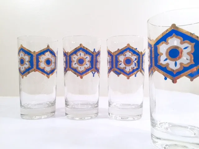 Libbey - Mid-Century Blue and 22-Karat Gold Star/Snowflake Glasses (Set of 4)