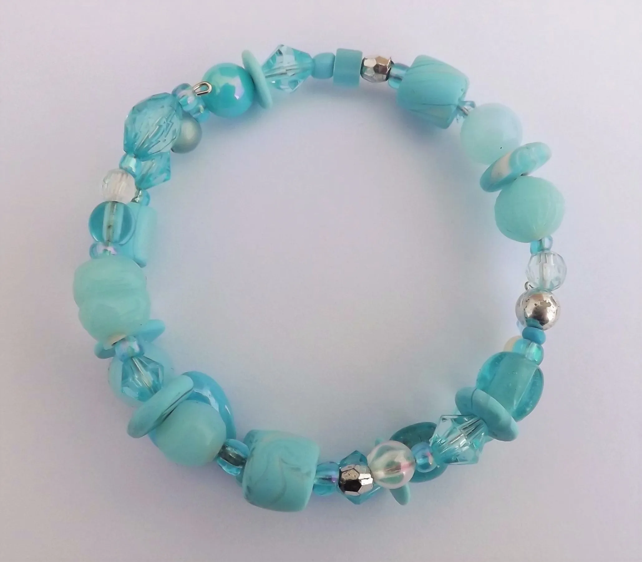 Light Aqua Blue Beads Memory Wire Bracelet