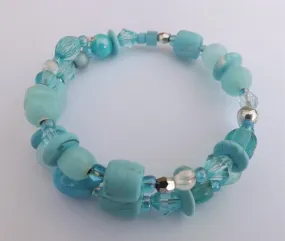 Light Aqua Blue Beads Memory Wire Bracelet