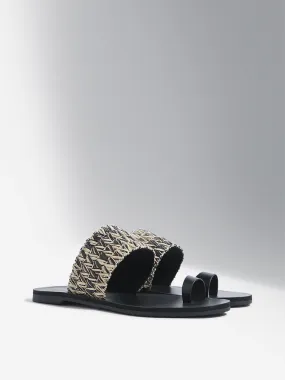 LUNA BLU Black Jute Strap Toe-Ring Sandals