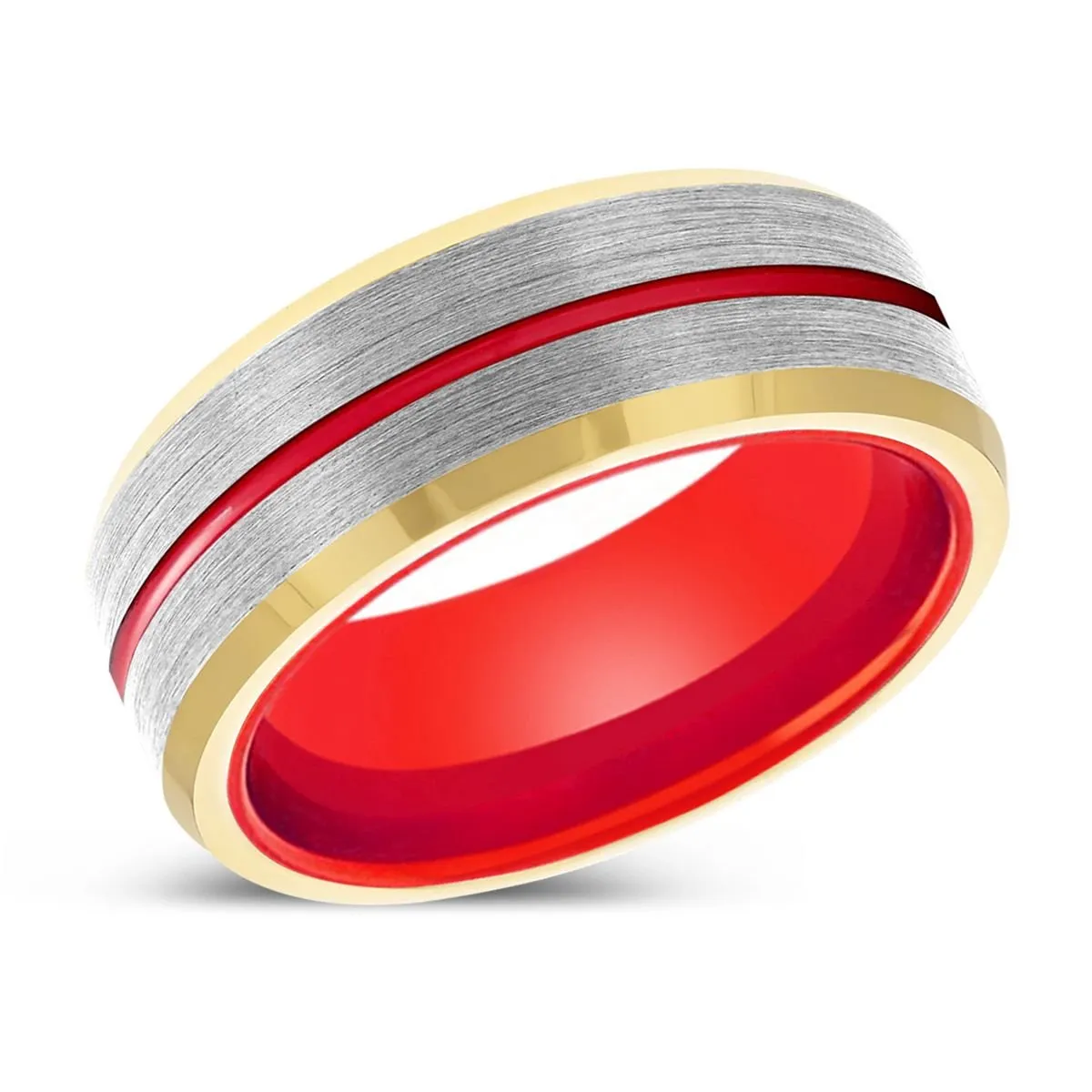 MOLTEN | Red Ring, Silver Tungsten Ring, Red Groove, Gold Beveled Edge