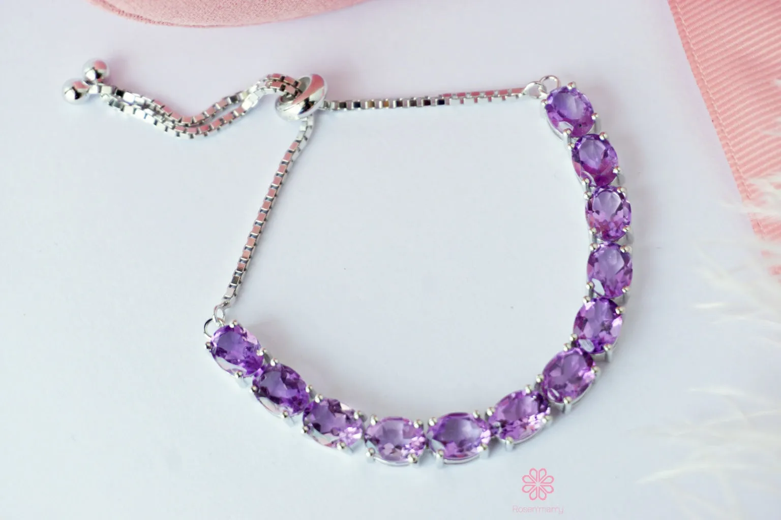 Natural Amethyst Bracelet Sterling Silver925 With Whitegold Plated.