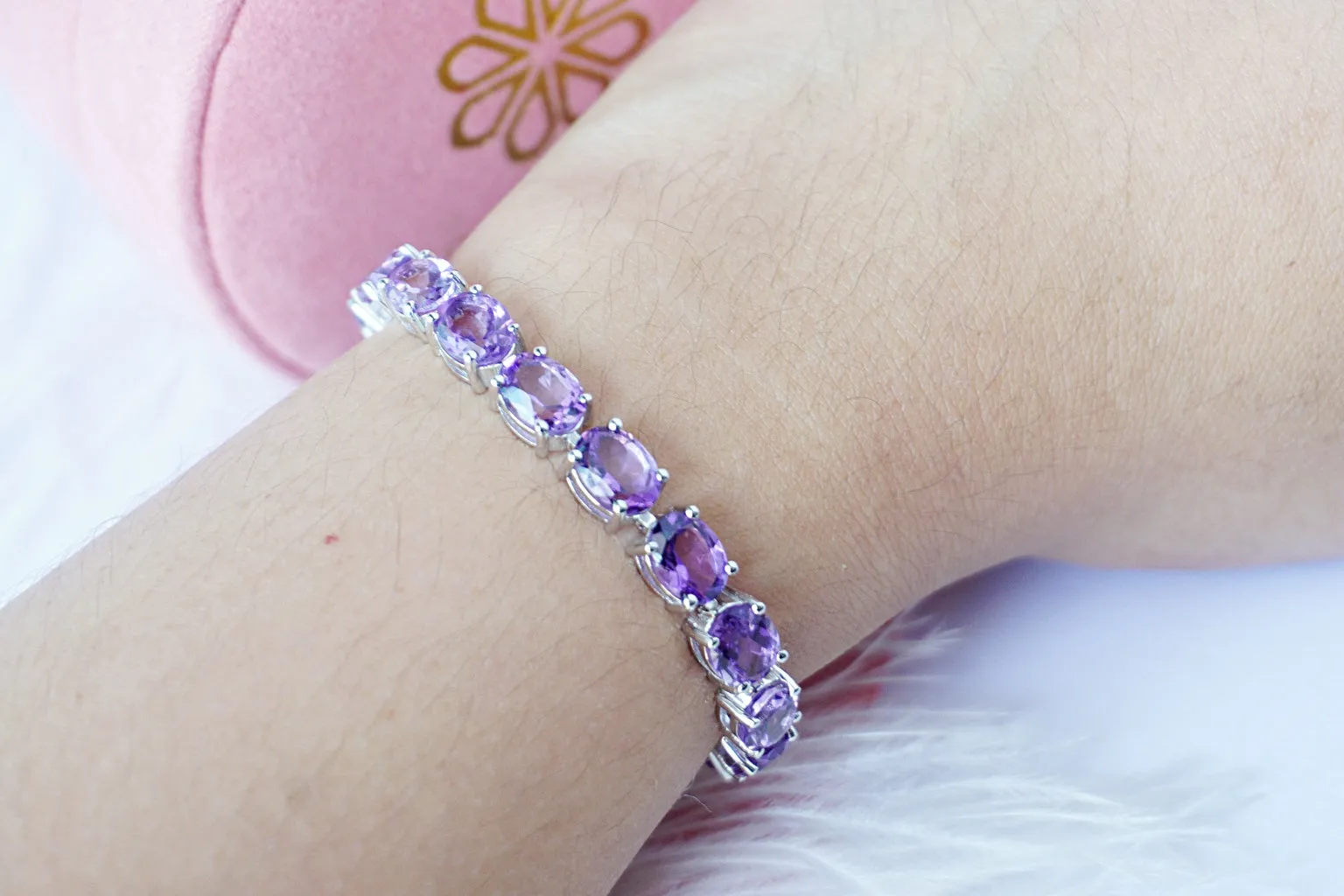 Natural Amethyst Bracelet Sterling Silver925 With Whitegold Plated.