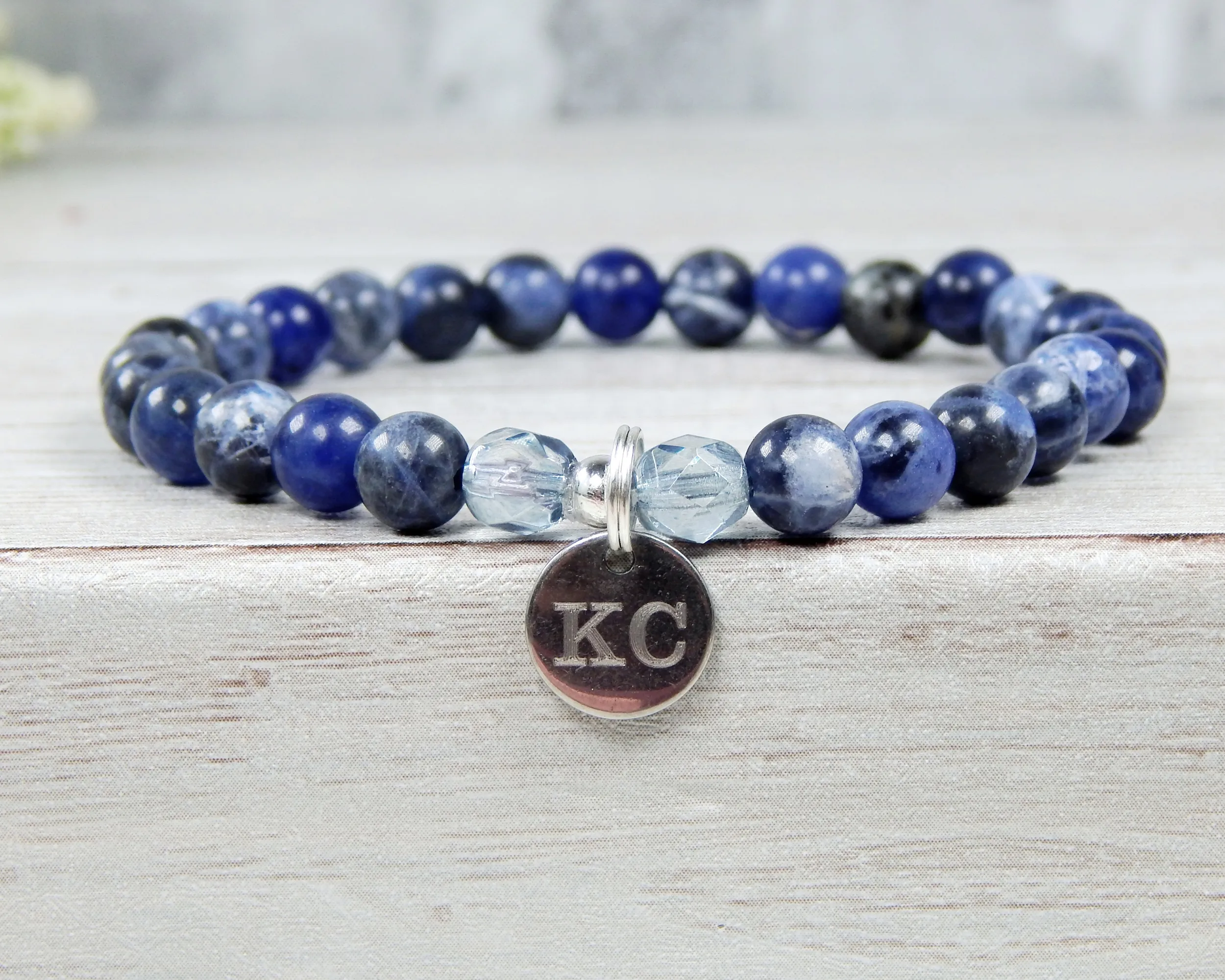 Navy Blue Engraved Bracelet for Women -  Sodalite Bracelet - Blue Jewelry Gift for Her