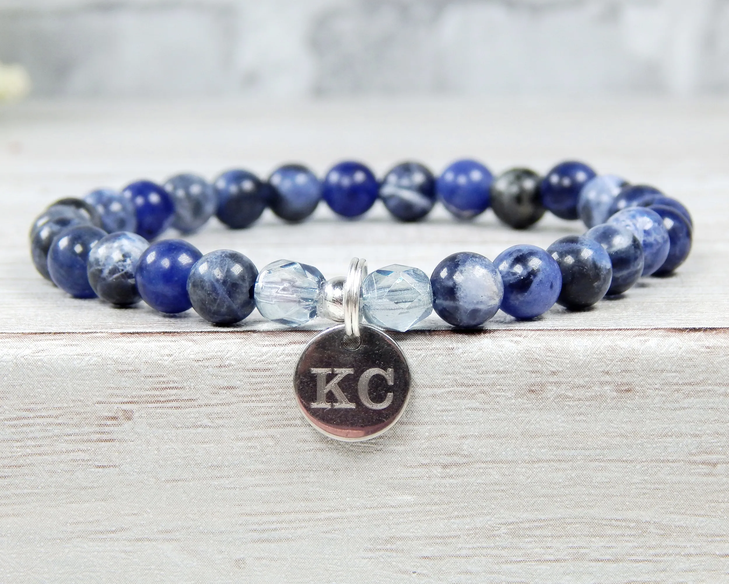 Navy Blue Engraved Bracelet for Women -  Sodalite Bracelet - Blue Jewelry Gift for Her