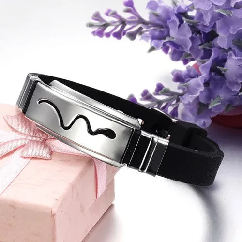 New Fashion jewelry Silicone Rubber Silver Slippy Hollow Strip Grain Stainless Steel Men Bracelet Bangle