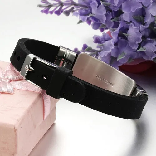 New Fashion jewelry Silicone Rubber Silver Slippy Hollow Strip Grain Stainless Steel Men Bracelet Bangle