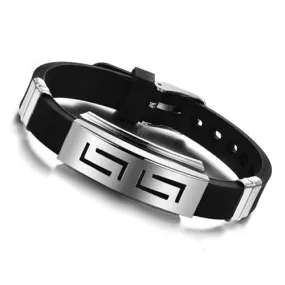 New Fashion jewelry Silicone Rubber Silver Slippy Hollow Strip Grain Stainless Steel Men Bracelet Bangle