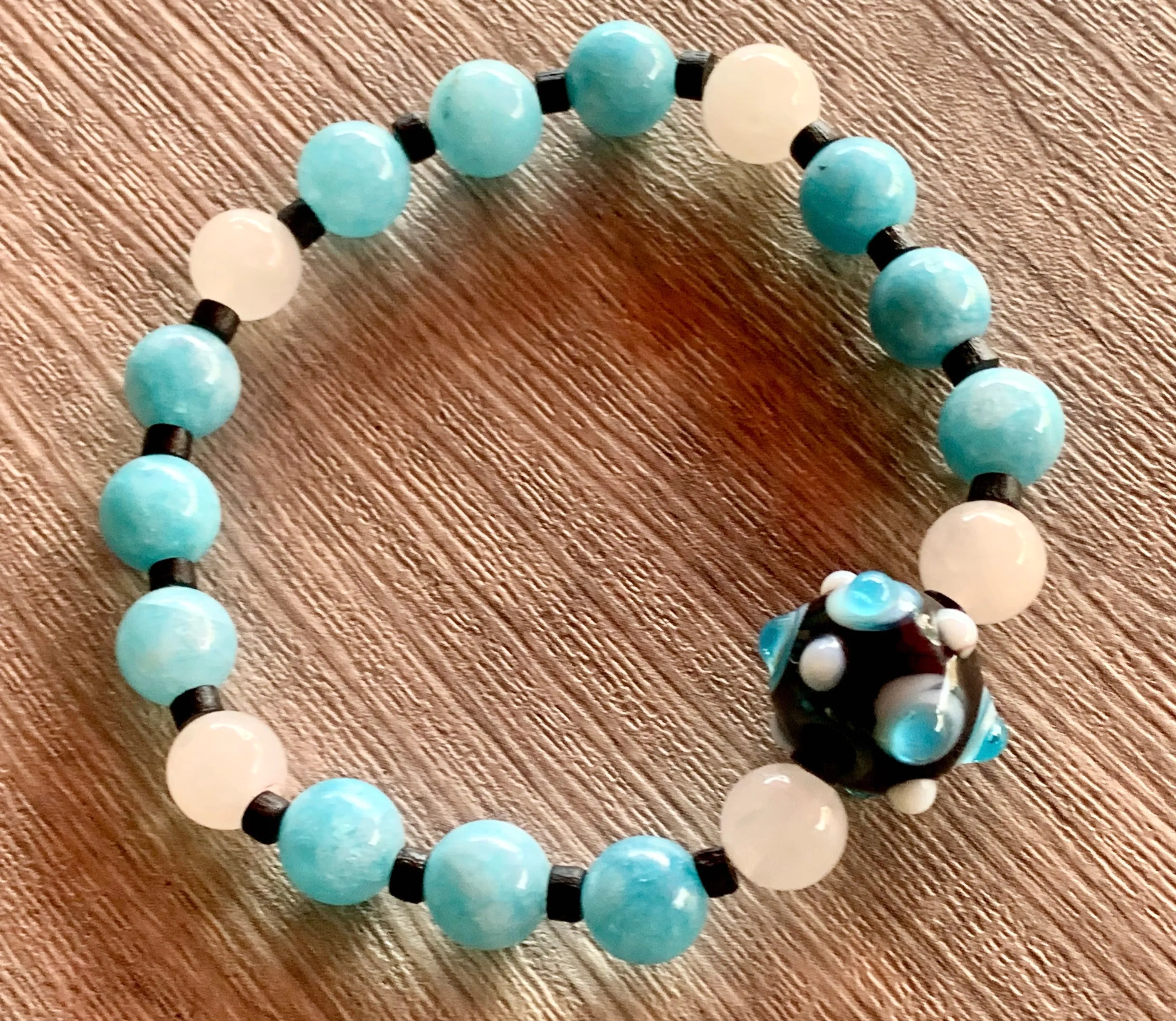 Nova Handmade White Jade, Aquamarine, Wood, and Hand Blown Glass Expandable Bracelet