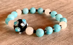 Nova Handmade White Jade, Aquamarine, Wood, and Hand Blown Glass Expandable Bracelet