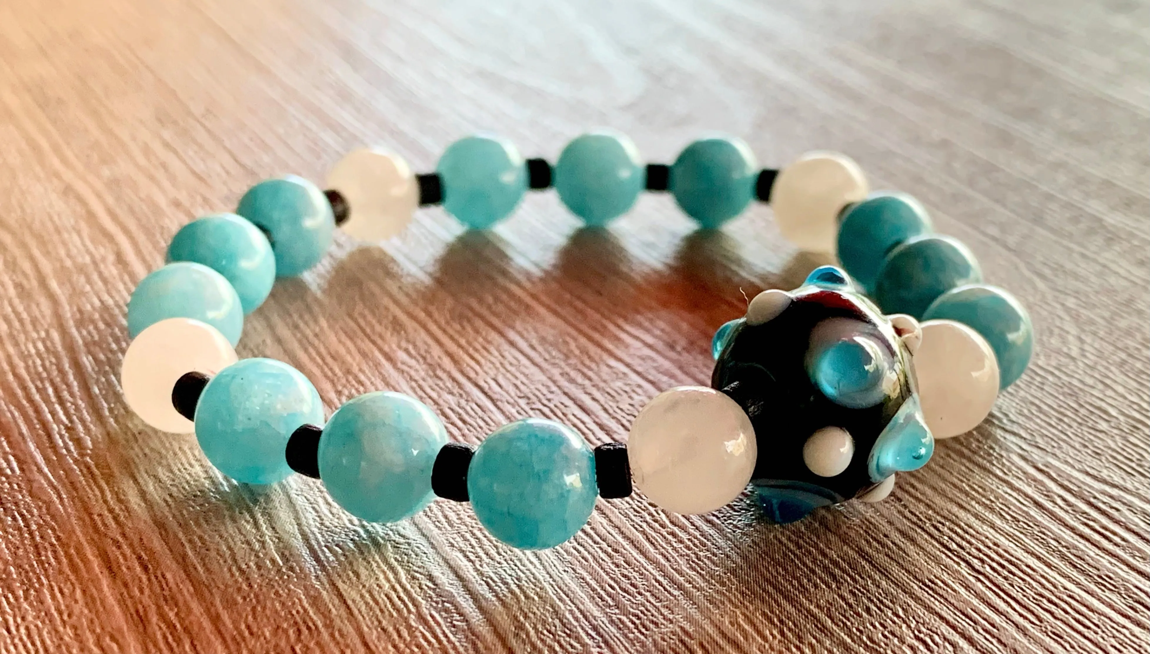 Nova Handmade White Jade, Aquamarine, Wood, and Hand Blown Glass Expandable Bracelet