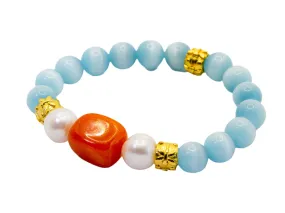 Orange Carnelian and Light Blue Cat's Eye and Freshwater Pearl Beaded Bracelet