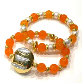 Orange Topaz & Freshwater Pearl Gemstone Gold Bracelet Stack Set