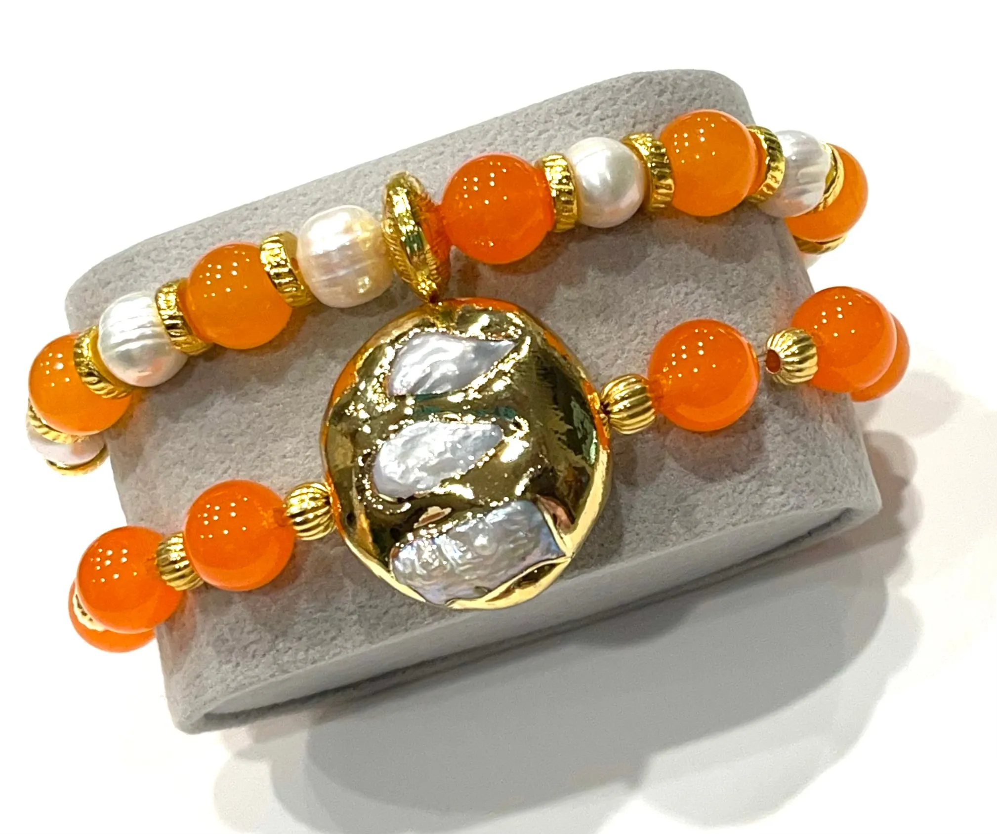 Orange Topaz & Freshwater Pearl Gemstone Gold Bracelet Stack Set