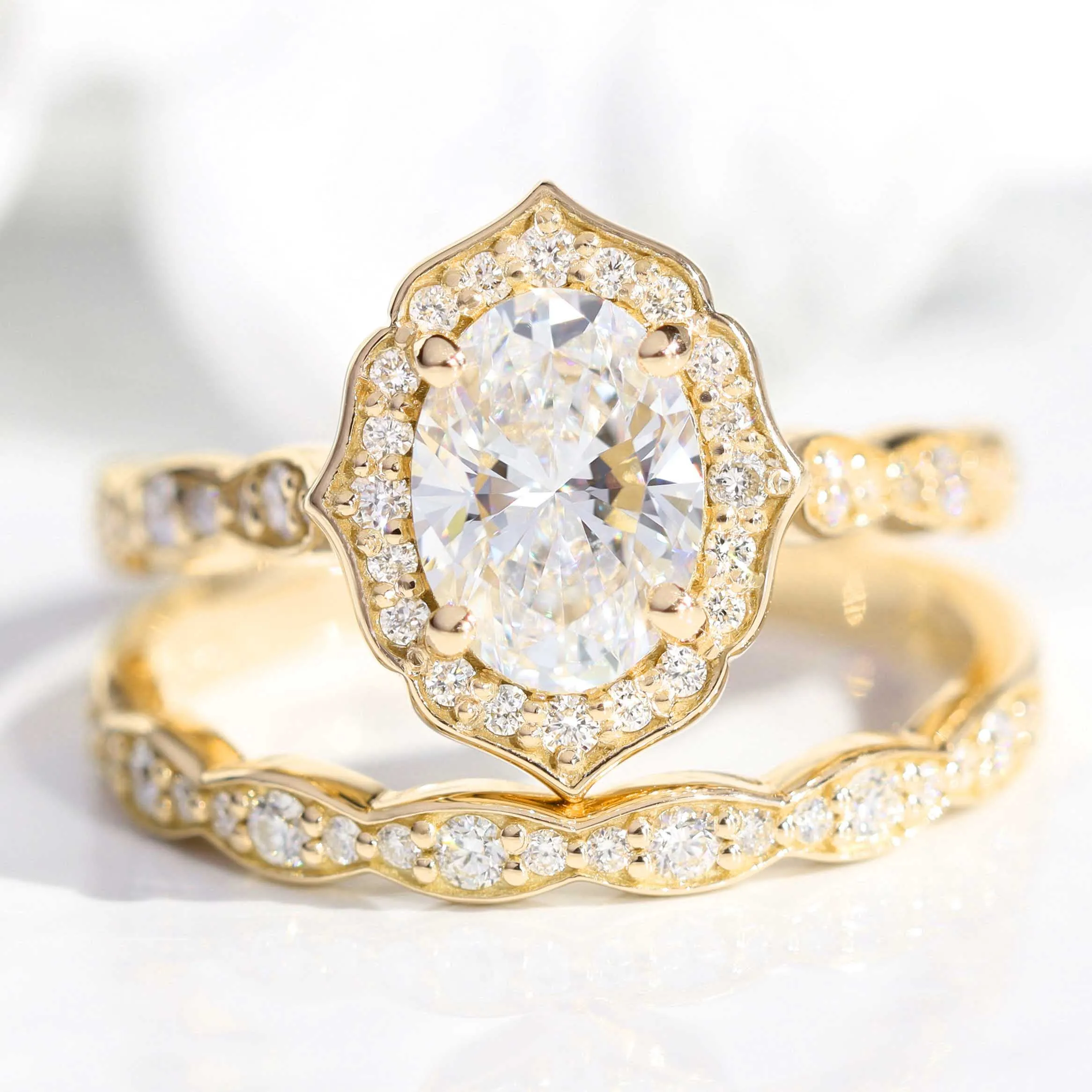 Oval Diamond Vintage Floral Ring Set w/ Lab Diamond and Matching Wedding Band