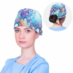 Pastel Floral Halloween Ghosts  Scrub Cap