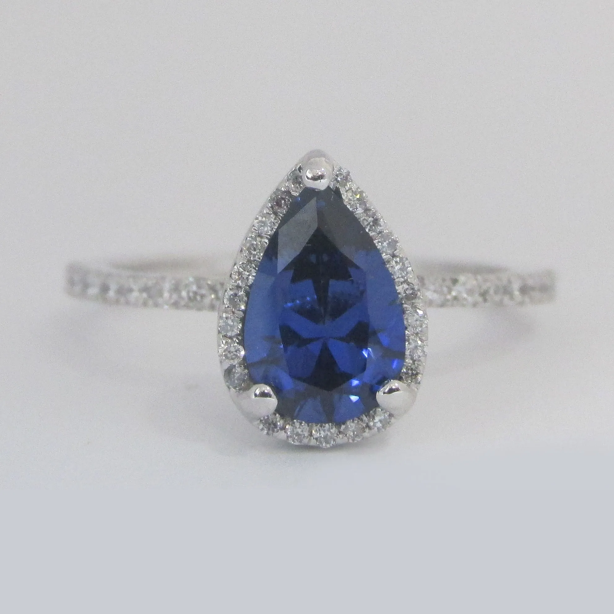 Pear Sapphire Engagement Ring Diamond Halo 14k White Gold (9x6mm)