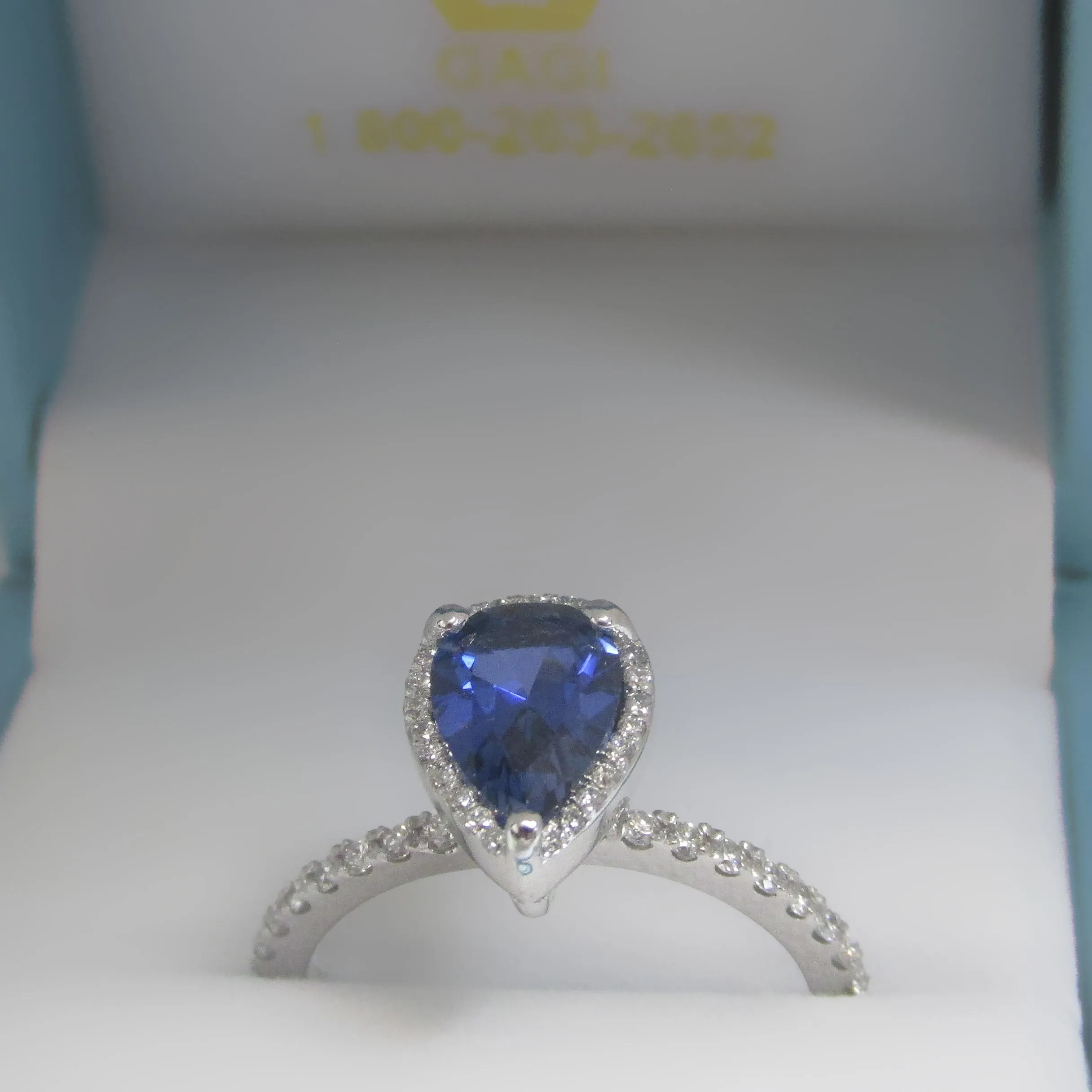 Pear Sapphire Engagement Ring Diamond Halo 14k White Gold (9x6mm)