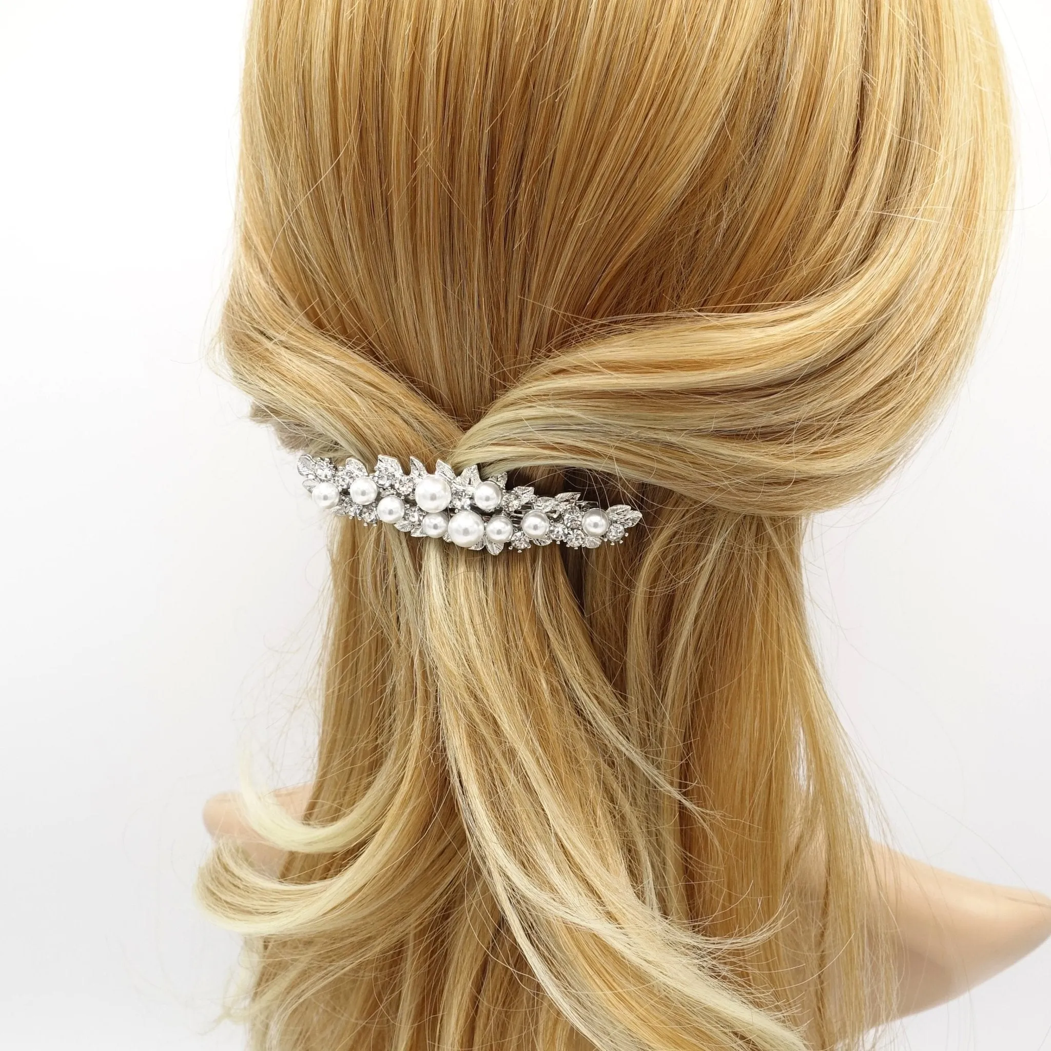 pearl rhinestone embellished stem half french barrette women hair accessory