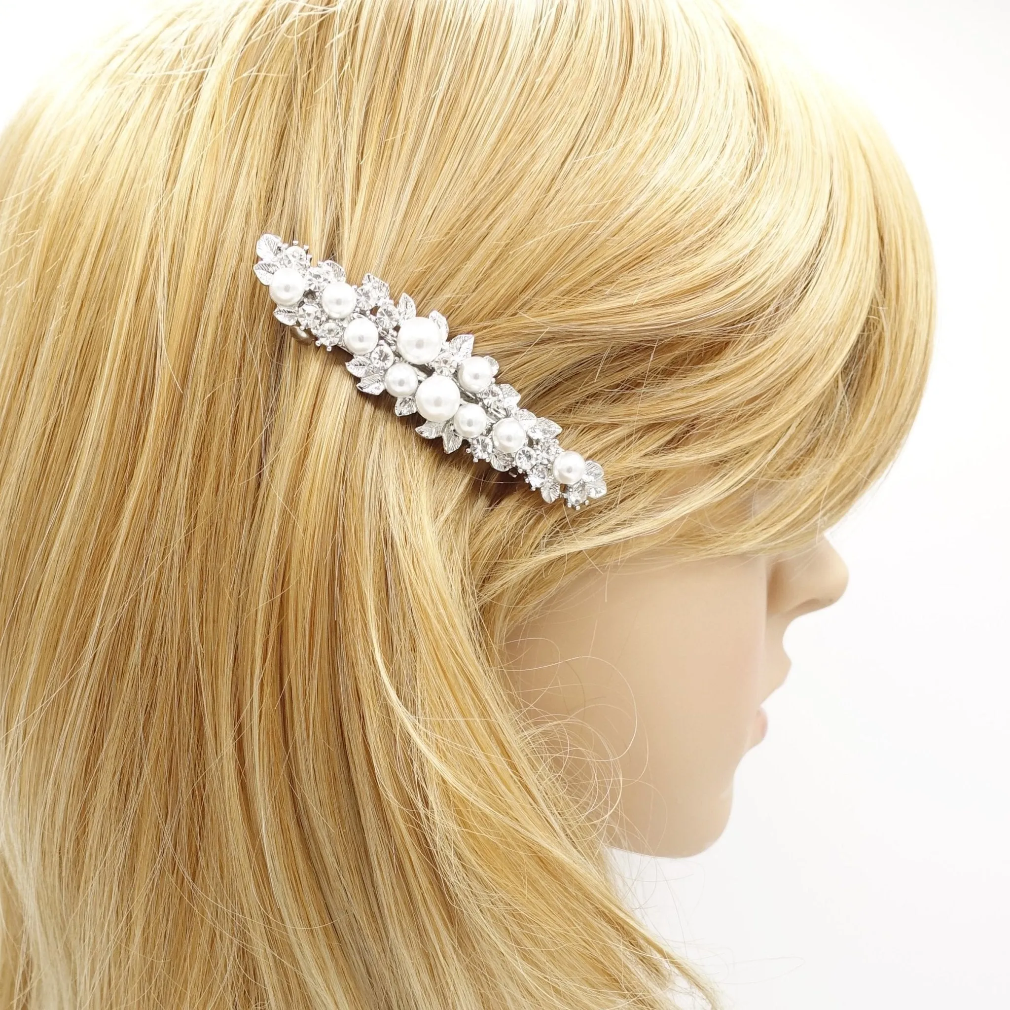 pearl rhinestone embellished stem half french barrette women hair accessory