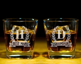 Personalized Initial Monogram Wreathe Scotch Rock Glasses Husband Engraved Gift for Grandpa Dad Whiskey Lover Wedding Set for Bride Groom