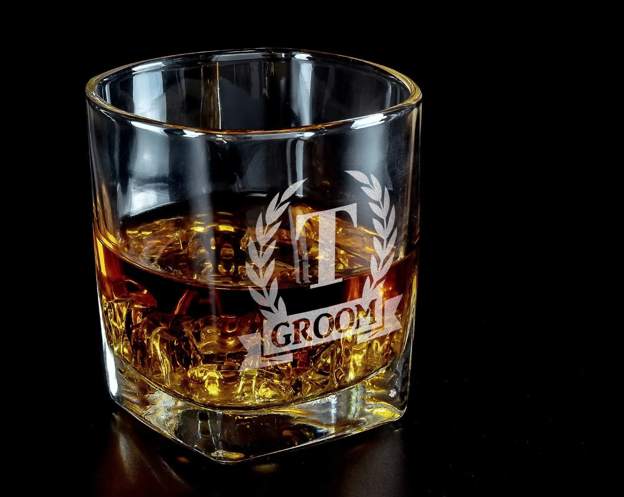 Personalized Initial Monogram Wreathe Scotch Rock Glasses Husband Engraved Gift for Grandpa Dad Whiskey Lover Wedding Set for Bride Groom