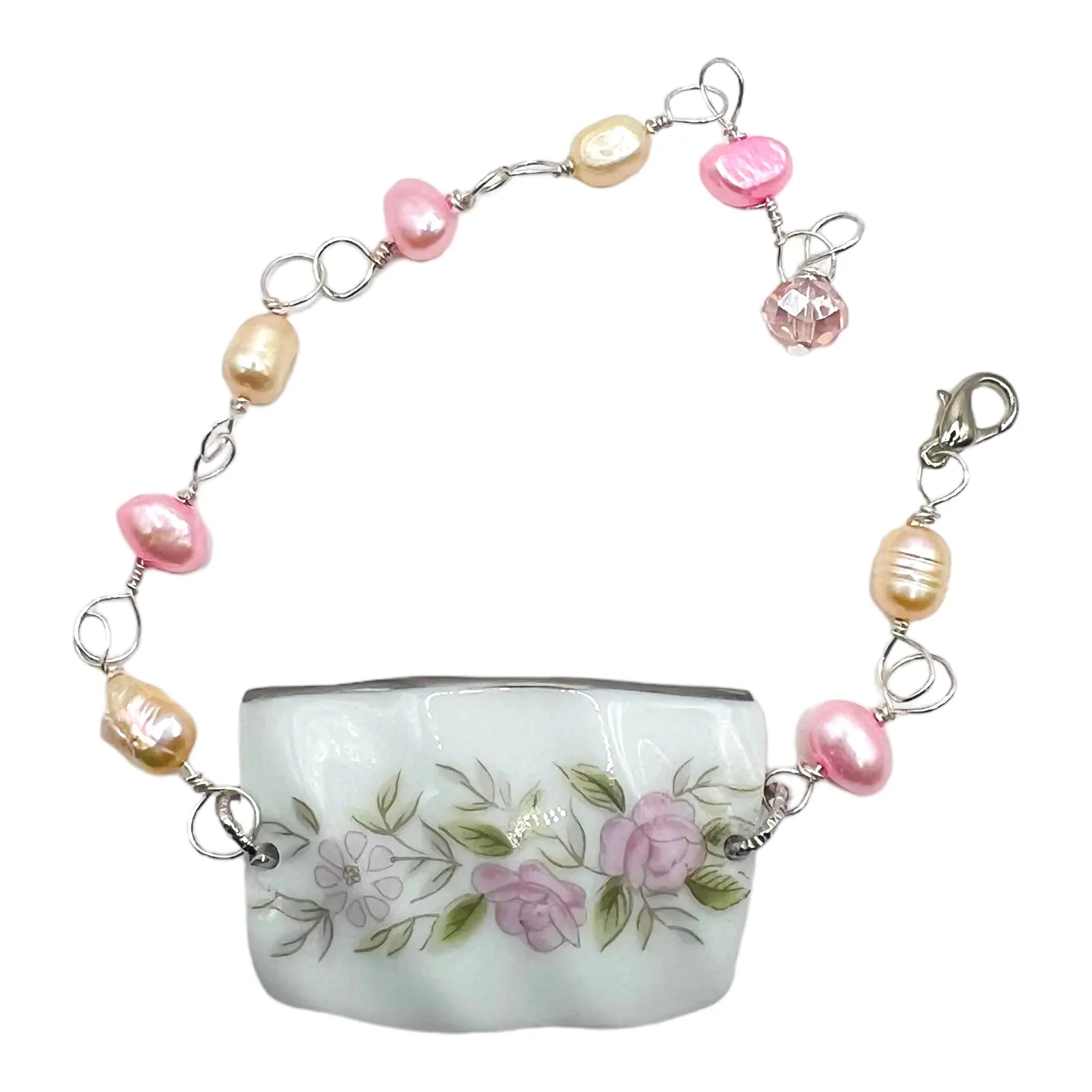 Pink Rose Broken China Bracelet With Freshwater Pearls Made from a Vintage Teacup