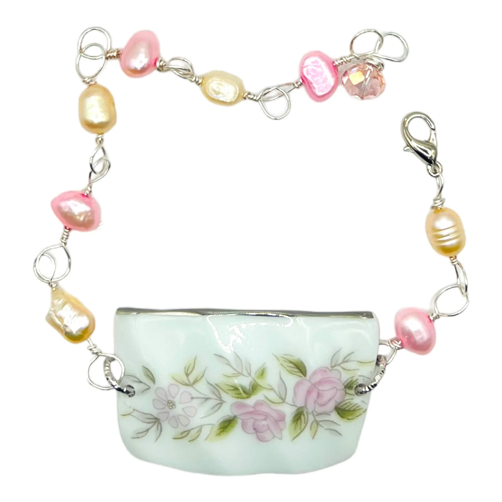 Pink Rose Broken China Bracelet With Freshwater Pearls Made from a Vintage Teacup