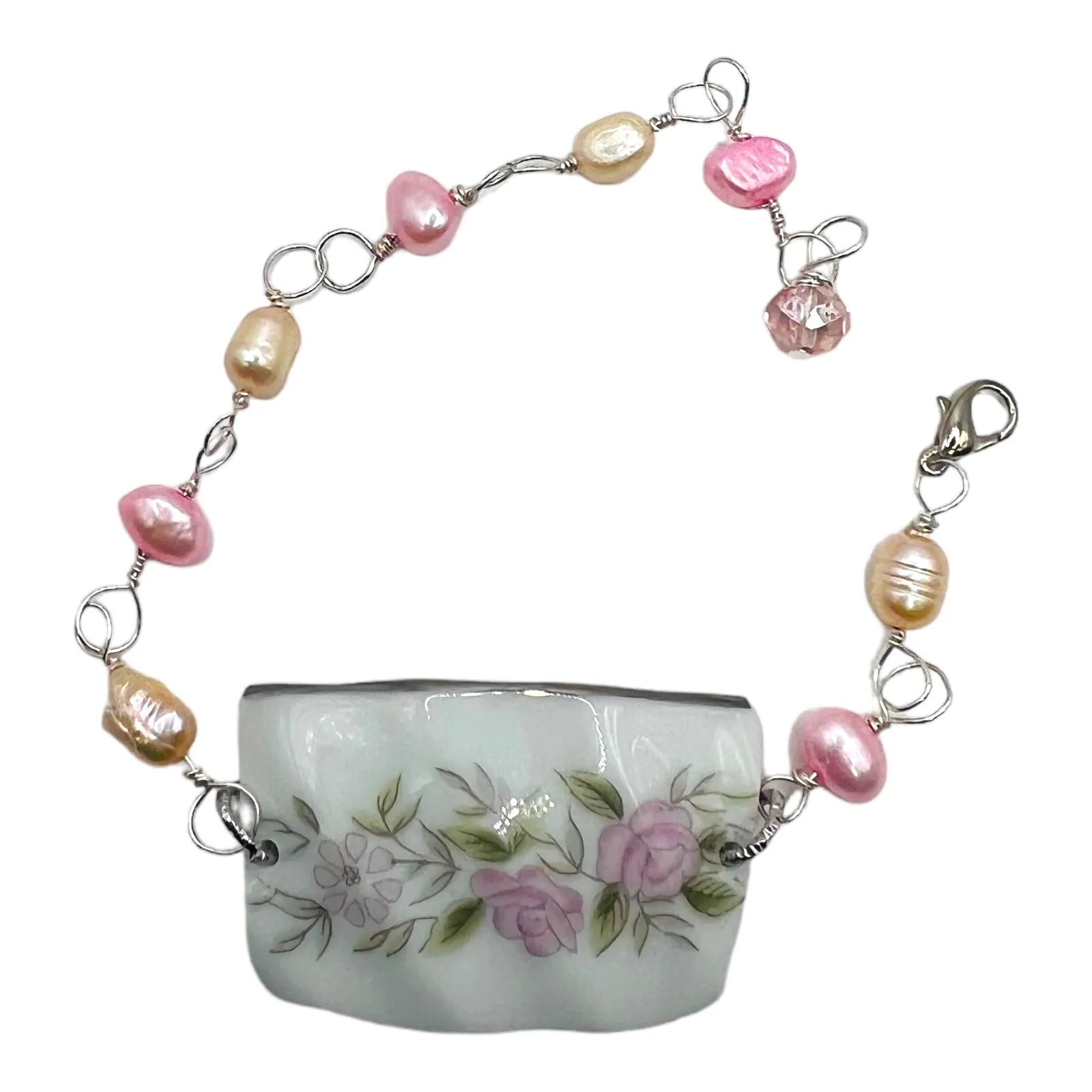 Pink Rose Broken China Bracelet With Freshwater Pearls Made from a Vintage Teacup