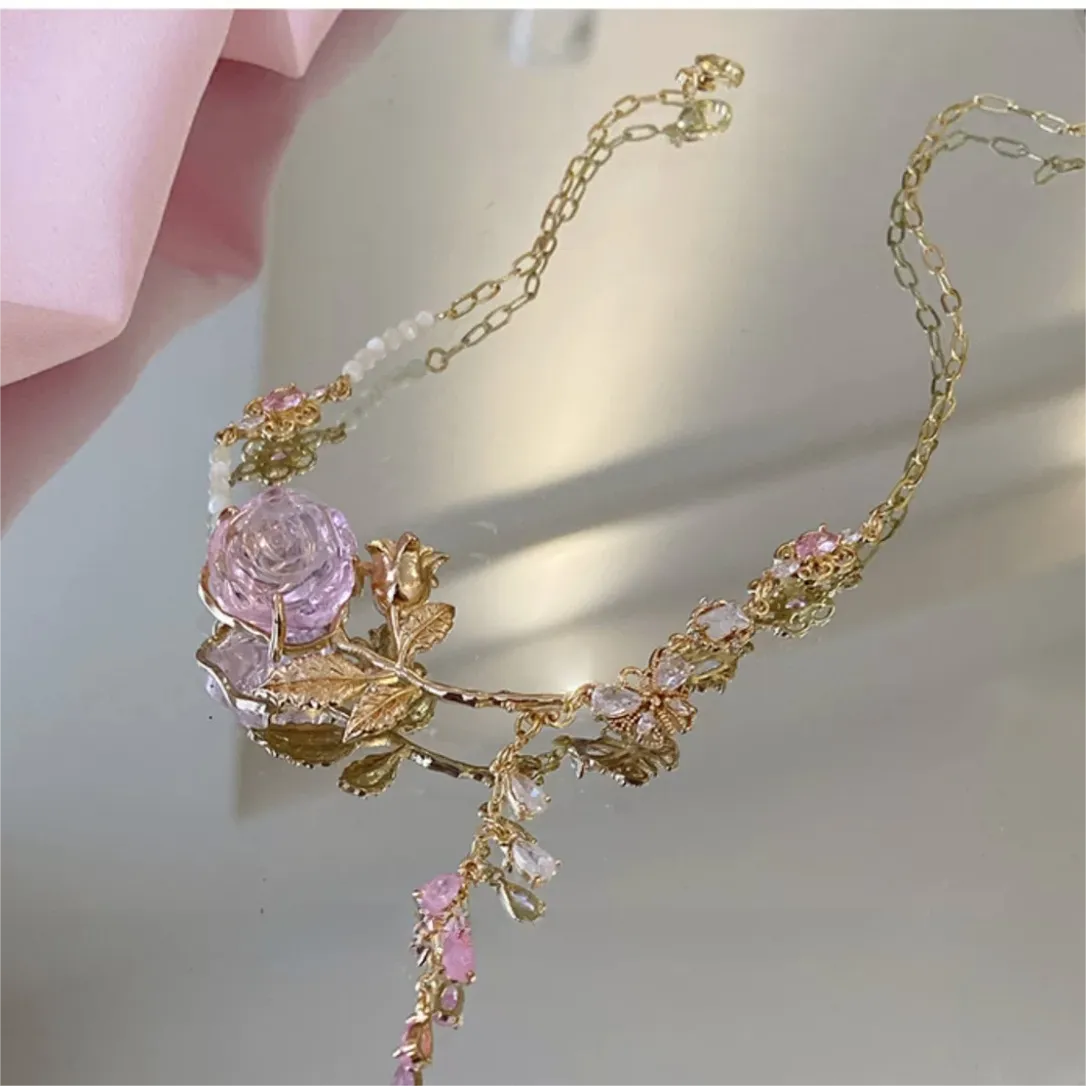 Pink Rose Charm Fritillaria Beaded Chain Y Choker Necklace